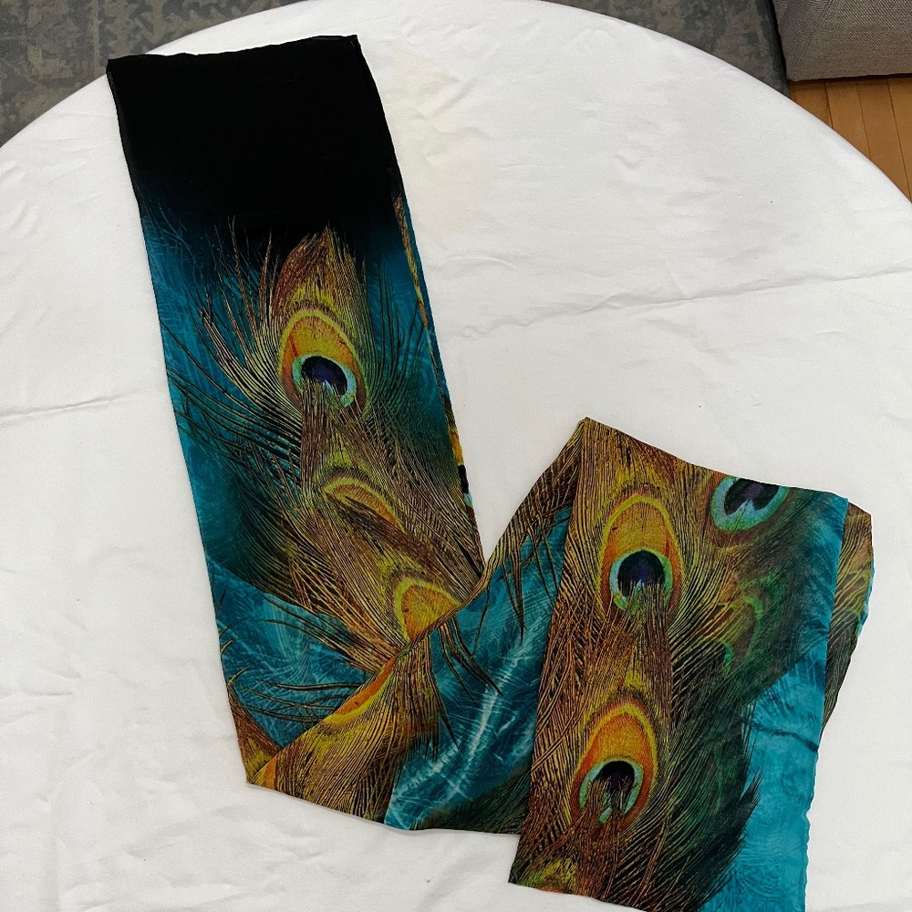 Peacock Feather Print Turquoise & Gold Scarf